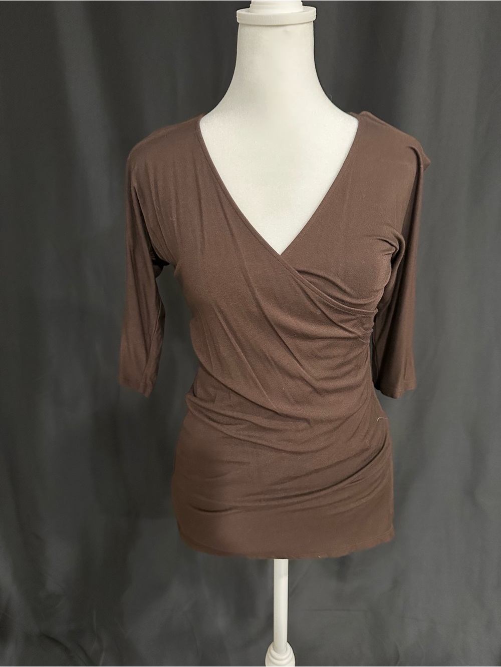 BCBGMaxAzria Brown Faux-Wrap V-Neck Blouse